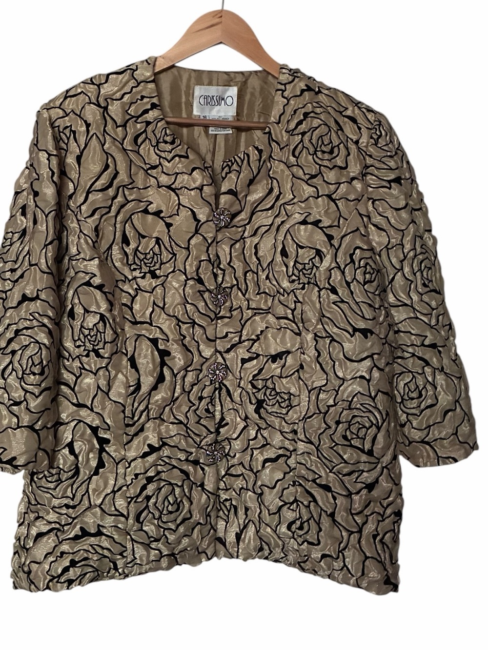Vintage Carissimo Champagne & Black Textured Organza Rose Blazer – Size 16
